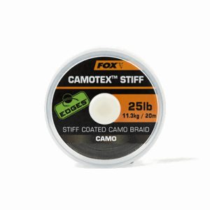 FOX Edges Camotex Stiff Coated Braid Hooklink Line Camo pintas valas pavadėliams (11.3 kg / 25 lb, 20 m)